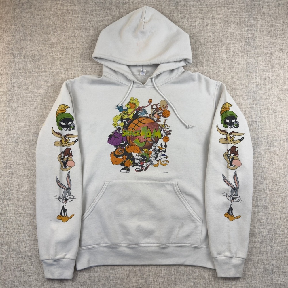 Vintage Space Jam Looney‎ Tunes Hoodie White Cartoon Movie Pullover Men's S